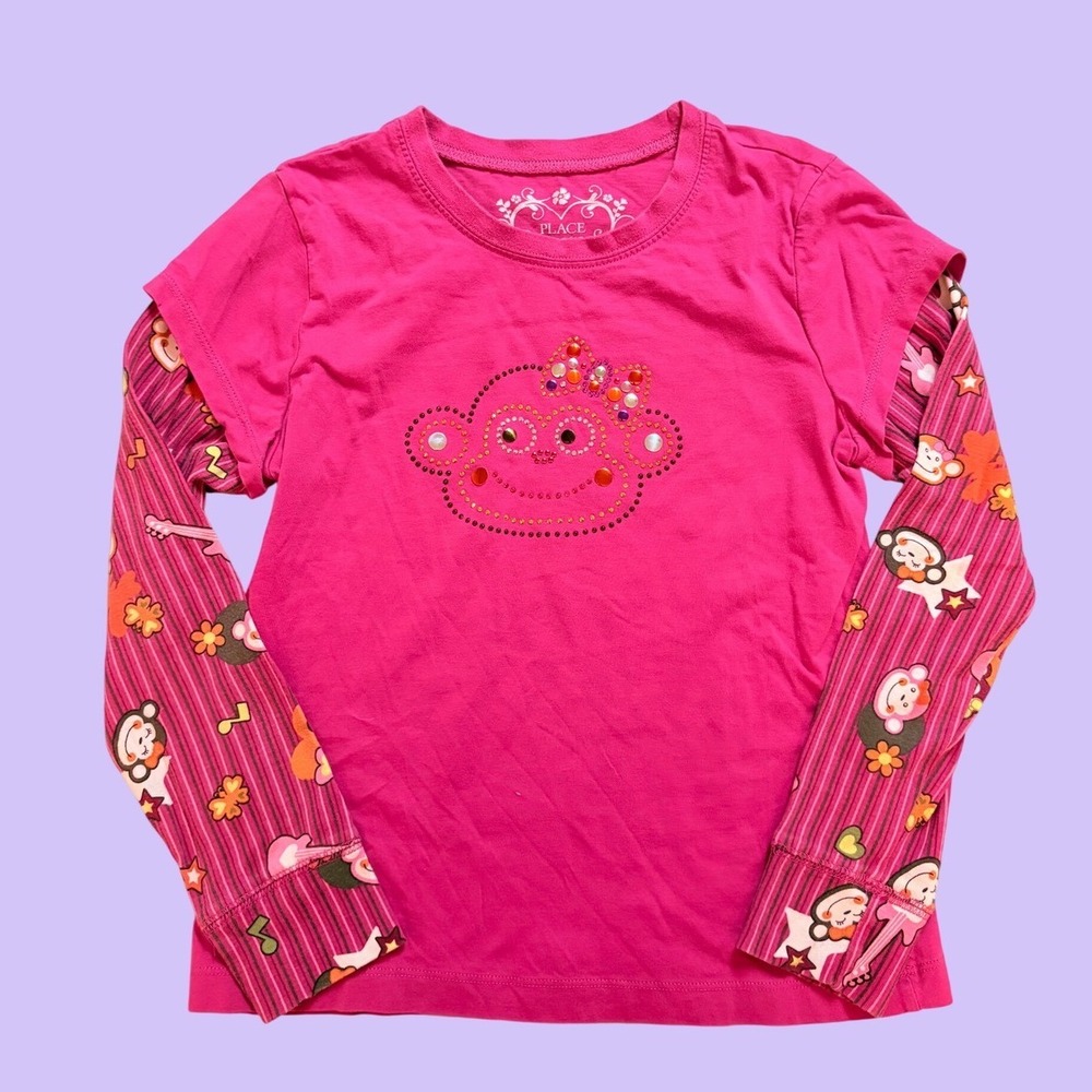 Y2K Place Pink Monkey Rhinestone Layered Long Sleeve Baby Tee Scene #17